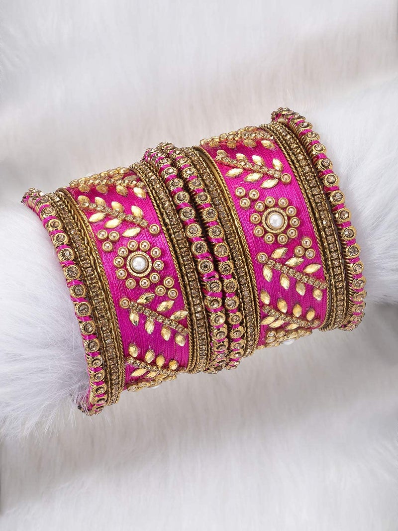 Aheli Traditional Wedding Designer Silk Thread Faux Stone Studded Bridal Bangle Set Chuda Indian Ethnic Bollywood Fashion Jewelry Gift for Women (Magenta) - Image 3